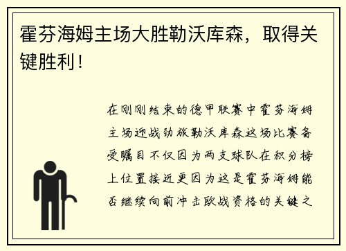 霍芬海姆主场大胜勒沃库森，取得关键胜利！
